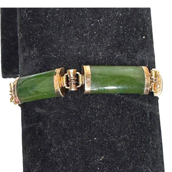 Vintage Green Jade Silver Gold Vermeil Elegant Bar Link Bracelet Luxury Jewelry - Picture 1 of 7